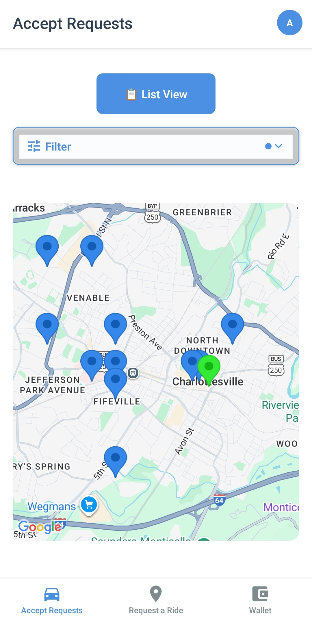 Accept Requests Screen - Map View