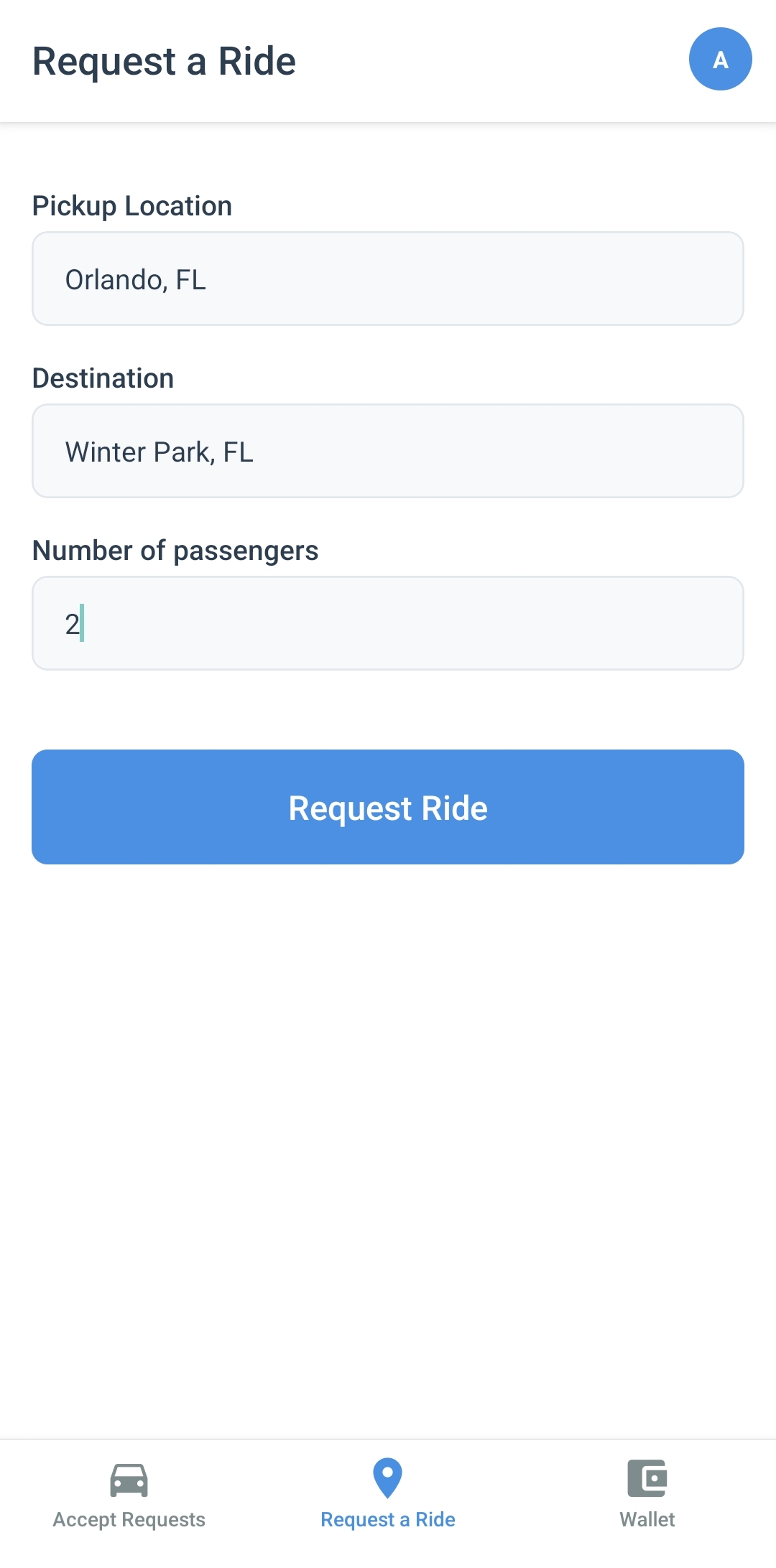 Request a Ride Screen